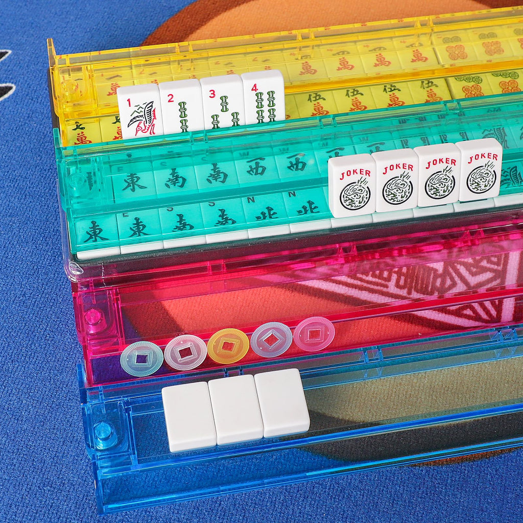 American Mahjong Game Set, 166 White Tiles, 4 Color Rack/Pushers, Blue Carrying Bag Y5454