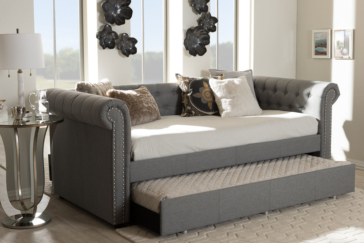 Light Beige Fabric Trundle Daybed E528337