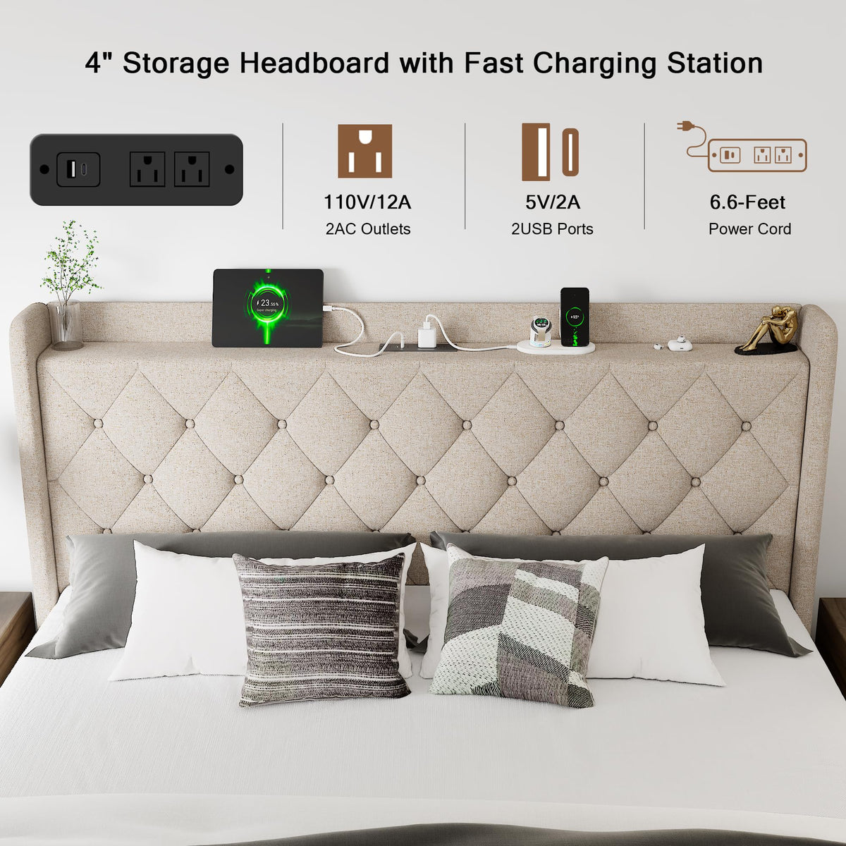 Queen Size Lift Up Storage Upholstered Bed Frame with Charging Station C13531