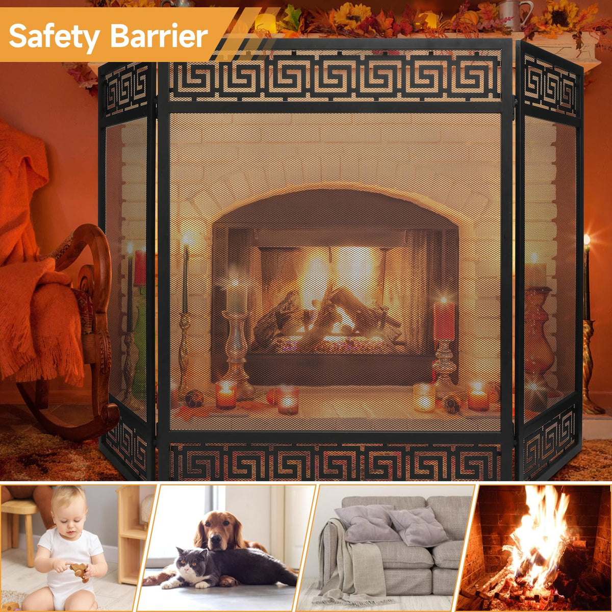 50"x32" 3 Panel Steel Fireplace Screen B49797