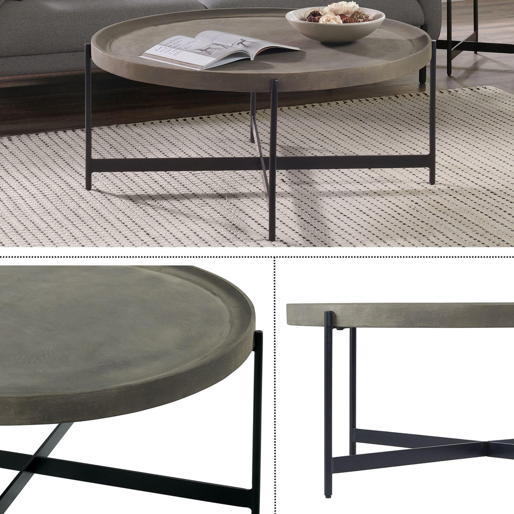 42-Inch Round Concrete-Coated Wood Coffee Table with Tray Top V353049