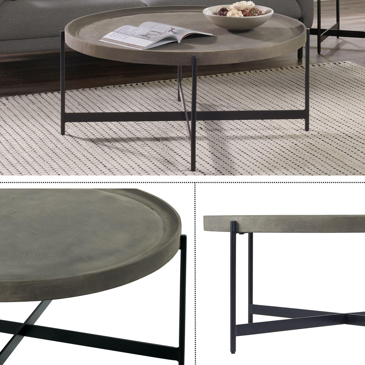 42-Inch Round Concrete-Coated Wood Coffee Table with Tray Top V353049